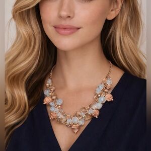 Vintage Rose Gold Tone necklace w/light pink @ light Blue Faux pearls & charms